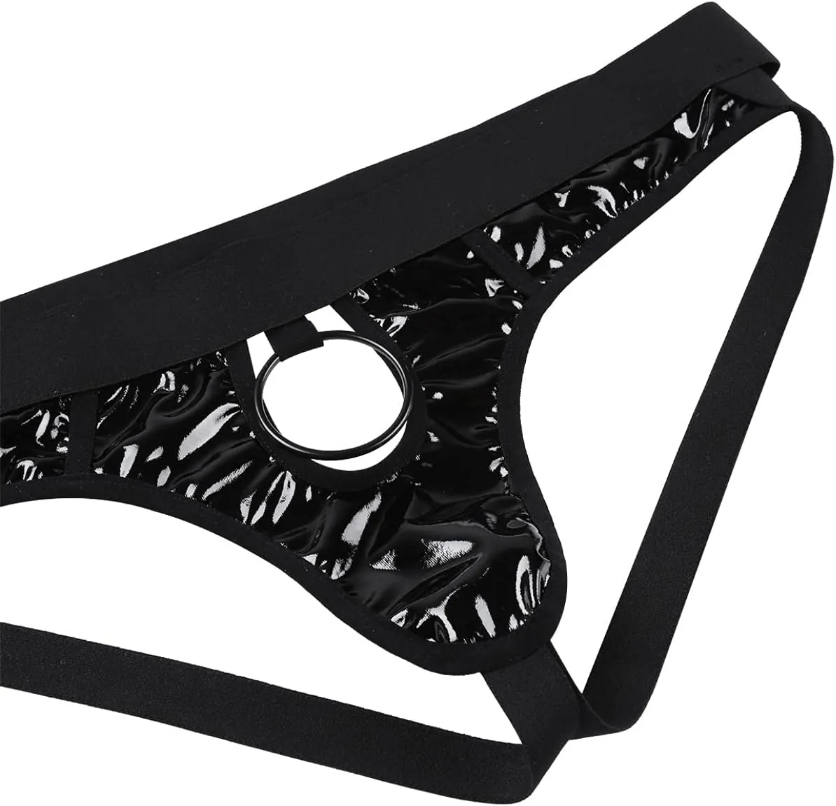 Men's Wetlook PVC Leather Hollow Out Thongs Bugle Briefs with Metal O-Ring Underwear
