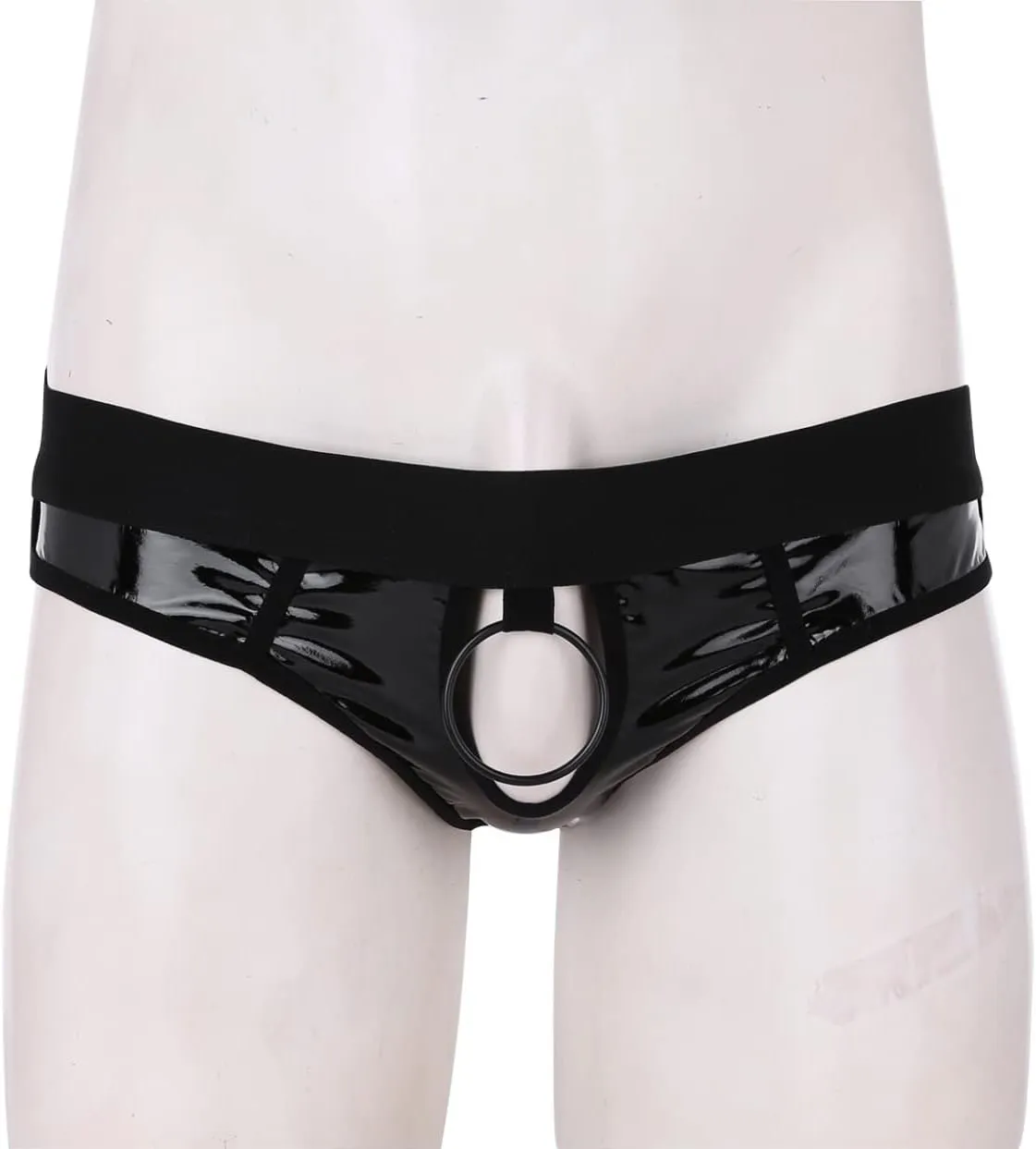Men's Wetlook PVC Leather Hollow Out Thongs Bugle Briefs with Metal O-Ring Underwear