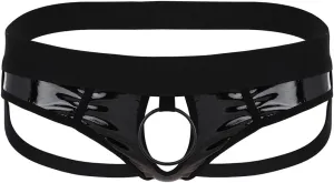 Men's Wetlook PVC Leather Hollow Out Thongs Bugle Briefs with Metal O-Ring Underwear