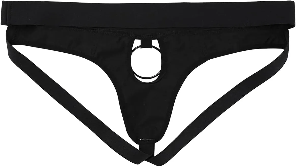 Men's Wetlook PVC Leather Hollow Out Thongs Bugle Briefs with Metal O-Ring Underwear