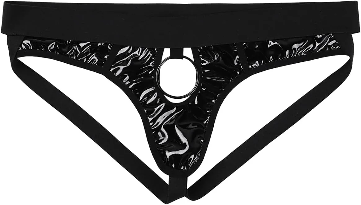 Men's Wetlook PVC Leather Hollow Out Thongs Bugle Briefs with Metal O-Ring Underwear