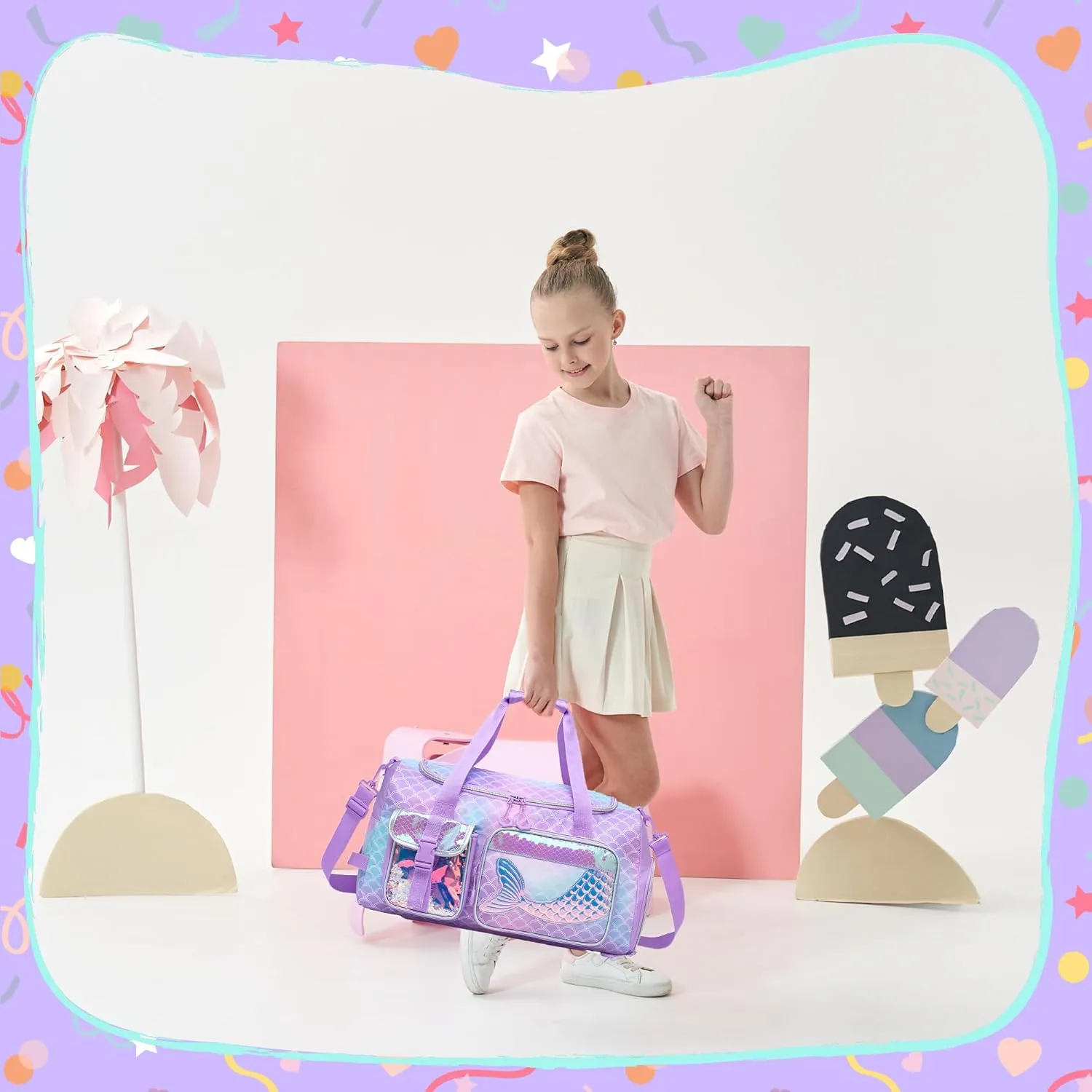 Mermaid Kids Gym Bag for Girls Duffle Bag for Travel Kids Travel Bag Overnight Bag for Girls Dance Bag for Girls Weekender Bag with Shoe Compartment