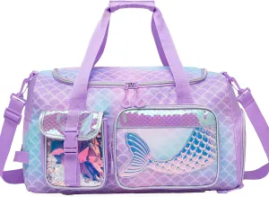 Mermaid Kids Gym Bag for Girls Duffle Bag for Travel Kids Travel Bag Overnight Bag for Girls Dance Bag for Girls Weekender Bag with Shoe Compartment