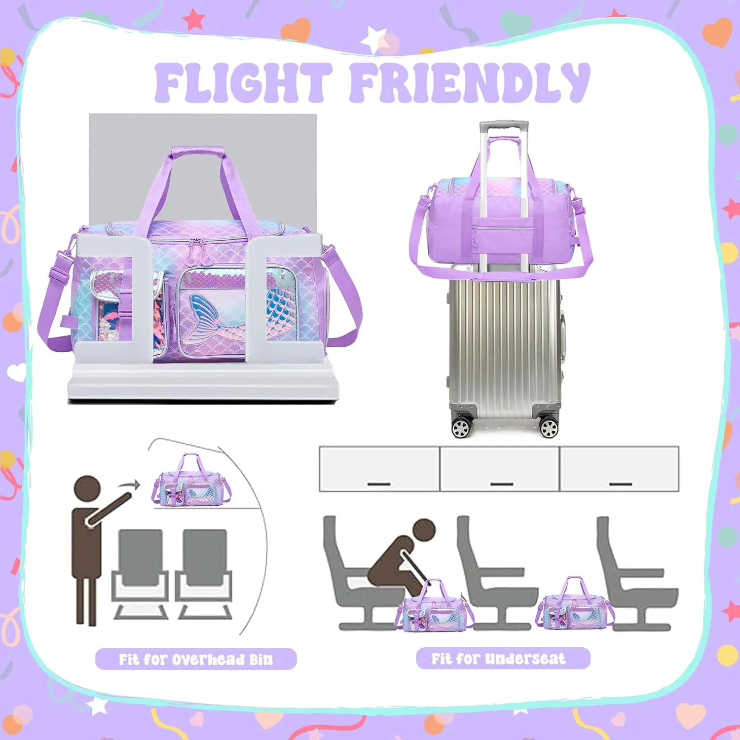 Mermaid Kids Gym Bag for Girls Duffle Bag for Travel Kids Travel Bag Overnight Bag for Girls Dance Bag for Girls Weekender Bag with Shoe Compartment