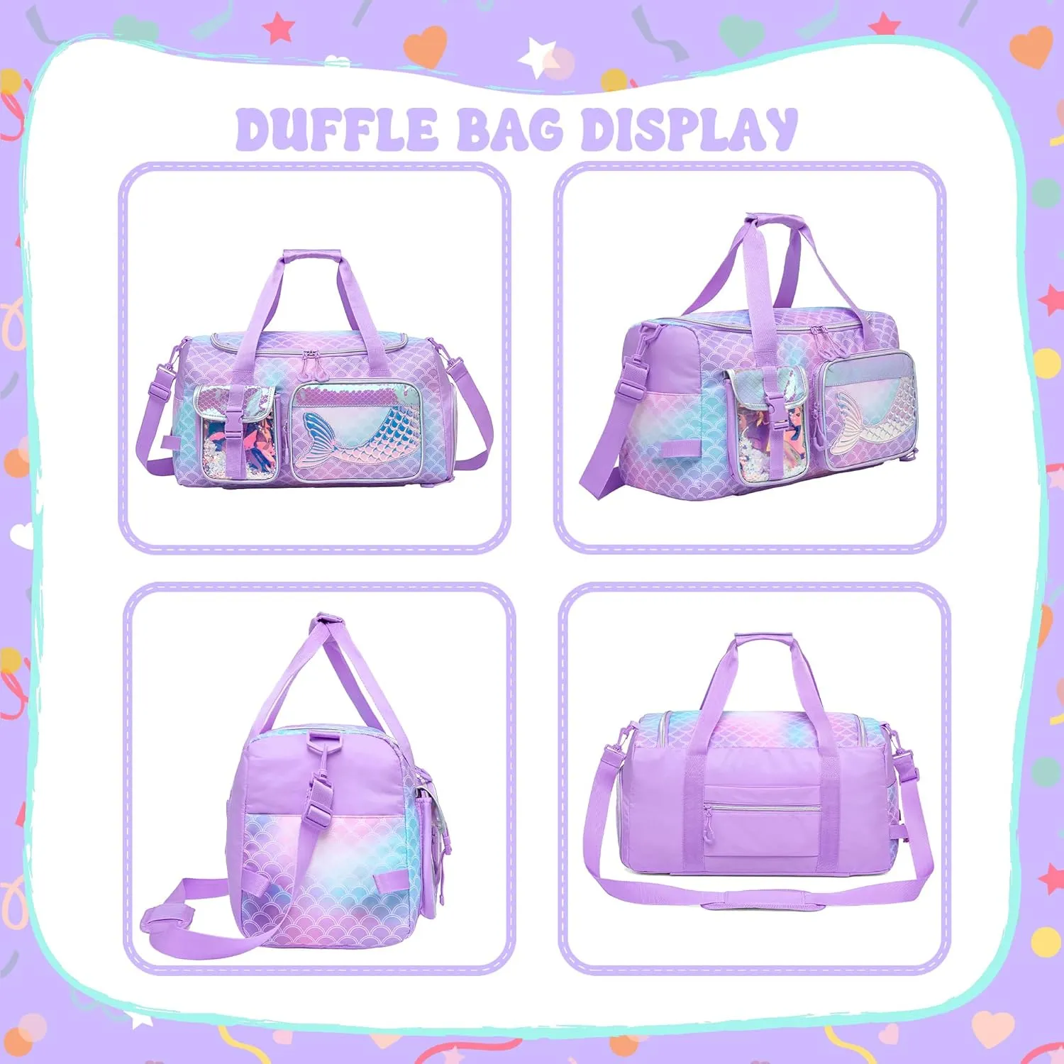 Mermaid Kids Gym Bag for Girls Duffle Bag for Travel Kids Travel Bag Overnight Bag for Girls Dance Bag for Girls Weekender Bag with Shoe Compartment