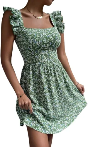 METOES Women's Spring Summer 2023 Boho Mini Short Dress Floral Print Ruffle Trim Tie Back Dress