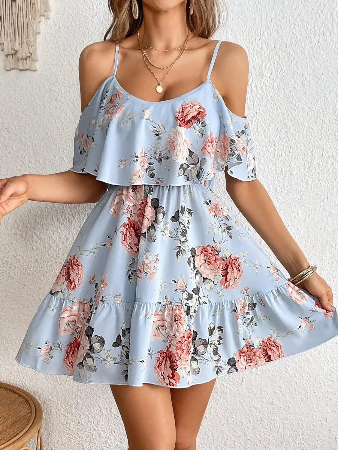 METOES Women's Spring Summer 2023 Boho Mini Short Dress Spaghetti Strap Floral Print Cold Shoulder Ruffle Hem Dress