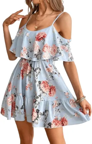 METOES Women's Spring Summer 2023 Boho Mini Short Dress Spaghetti Strap Floral Print Cold Shoulder Ruffle Hem Dress