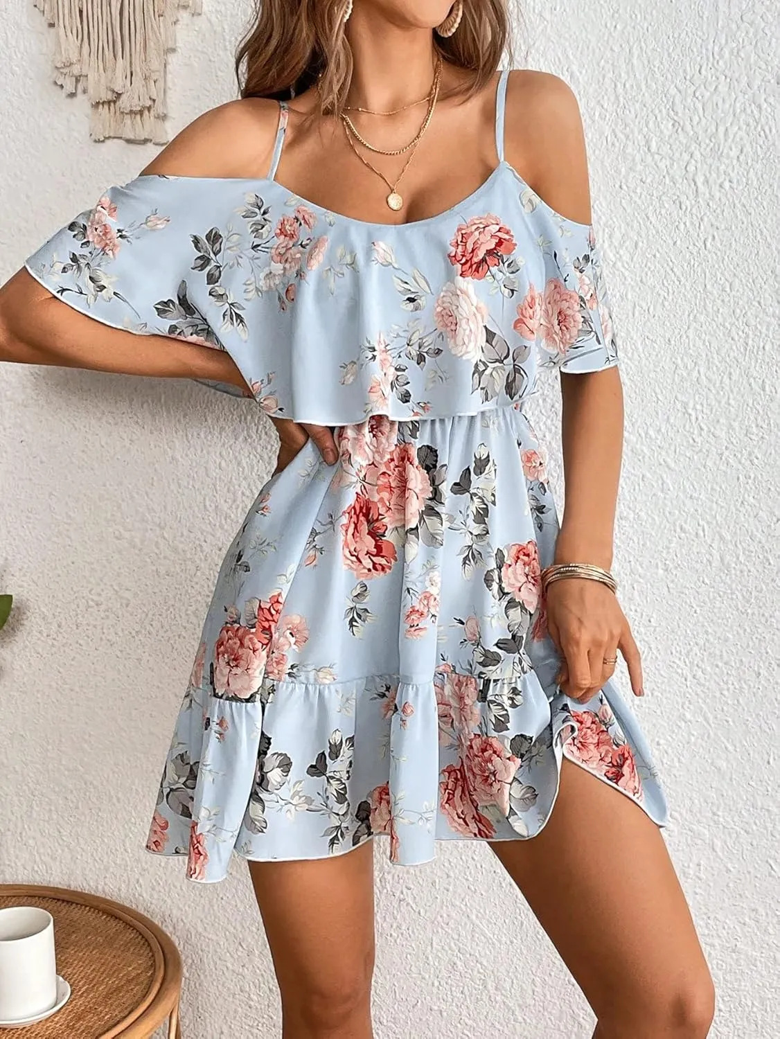 METOES Women's Spring Summer 2023 Boho Mini Short Dress Spaghetti Strap Floral Print Cold Shoulder Ruffle Hem Dress