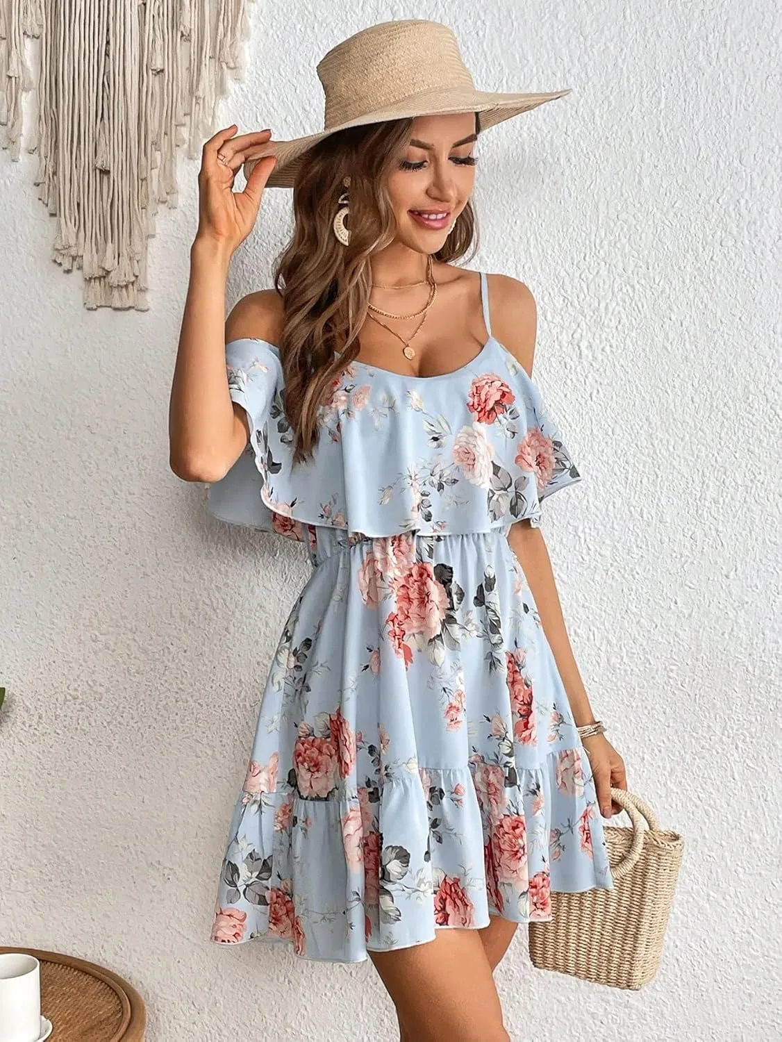 METOES Women's Spring Summer 2023 Boho Mini Short Dress Spaghetti Strap Floral Print Cold Shoulder Ruffle Hem Dress