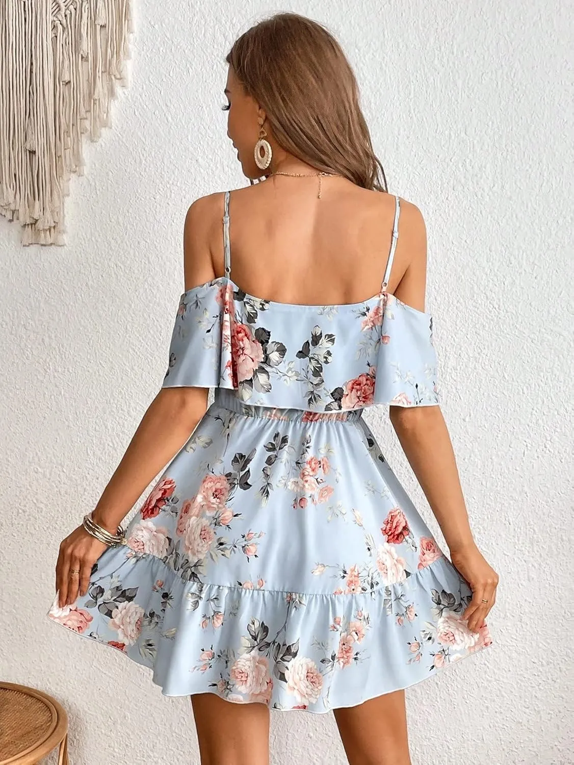 METOES Women's Spring Summer 2023 Boho Mini Short Dress Spaghetti Strap Floral Print Cold Shoulder Ruffle Hem Dress