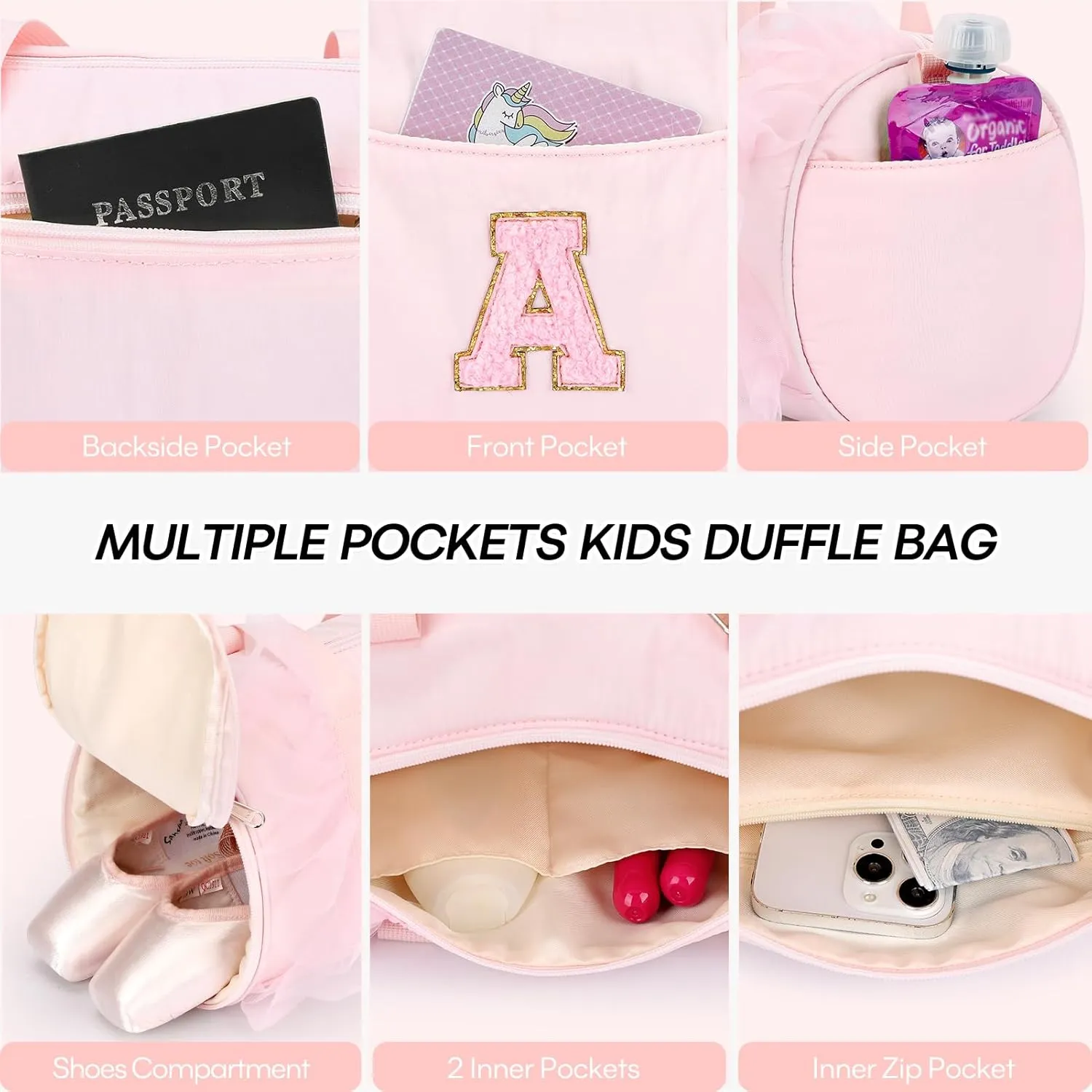 mibasies Dance Bag for Girls 4-6: Kids Duffle Bag - Ballet Bags for Girls 4-6 - Personalized Letter Girls Gifts Pink A