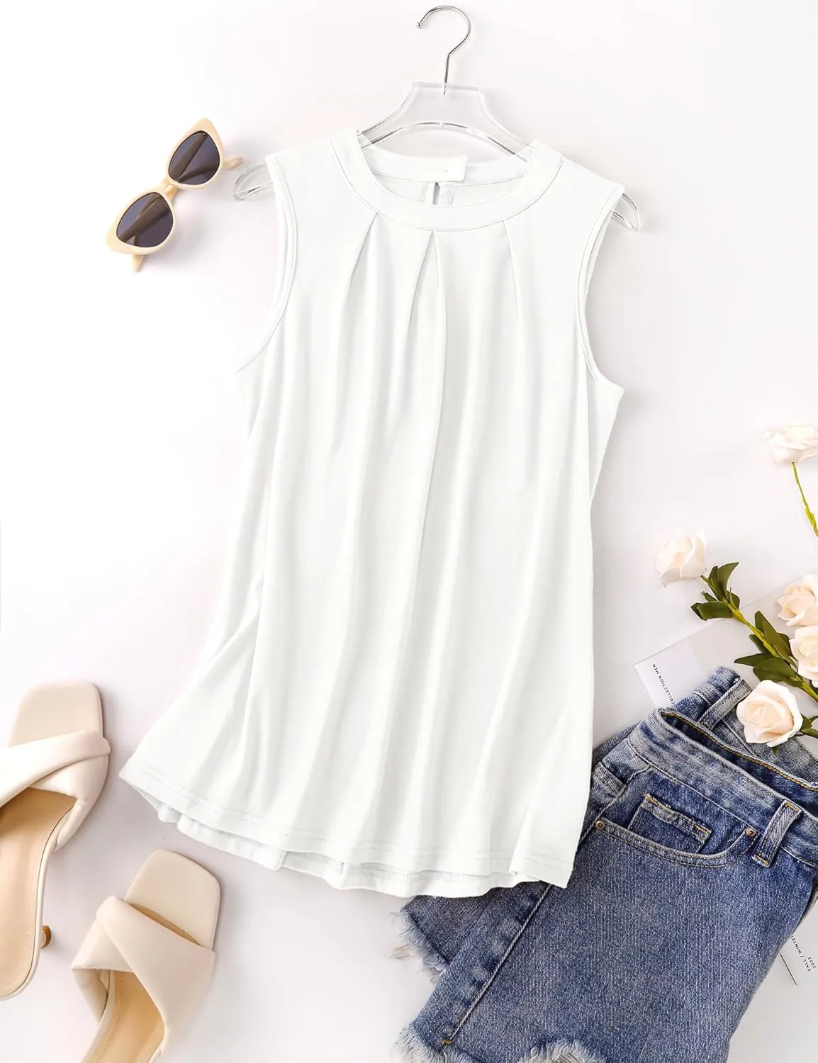 Micoson Women's Tank Tops Round Neck Pleated Sleeveless Shirts Summer Loose Fit Casual Top Business Blouses