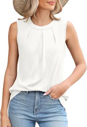 Micoson Women's Tank Tops Round Neck Pleated Sleeveless Shirts Summer Loose Fit Casual Top Business Blouses