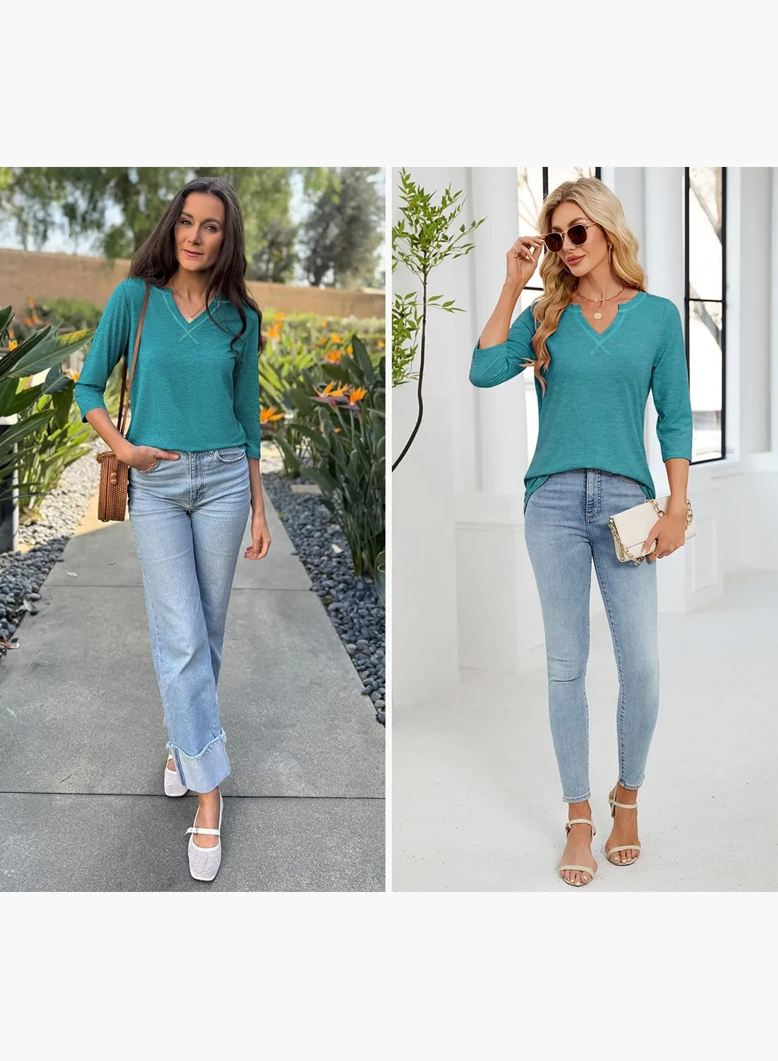 MIHOLL Womens Tops 3/4 Sleeve Spring Summer Shirts V Neck Basic Casual Loose Tunic Blouses