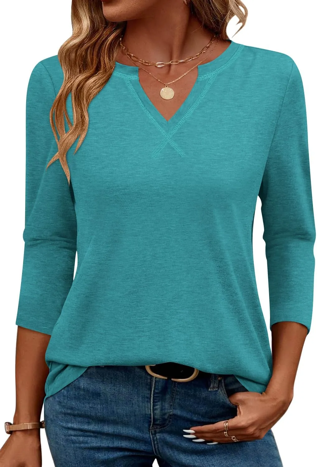 MIHOLL Womens Tops 3/4 Sleeve Spring Summer Shirts V Neck Basic Casual Loose Tunic Blouses