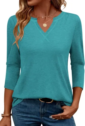MIHOLL Womens Tops 3/4 Sleeve Spring Summer Shirts V Neck Basic Casual Loose Tunic Blouses