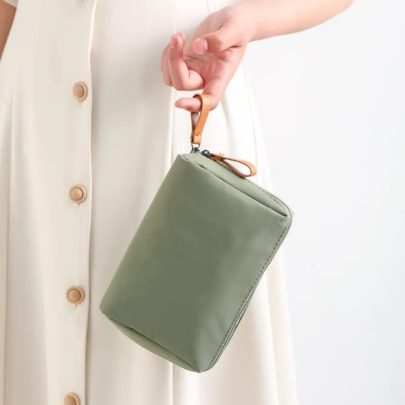 Mini Makeup Bag, Khaki Green and Tan, Zipper Closure, Multiple Compartments