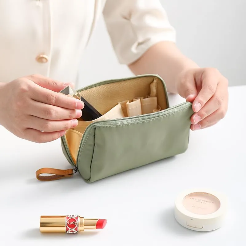 Mini Makeup Bag, Khaki Green and Tan, Zipper Closure, Multiple Compartments