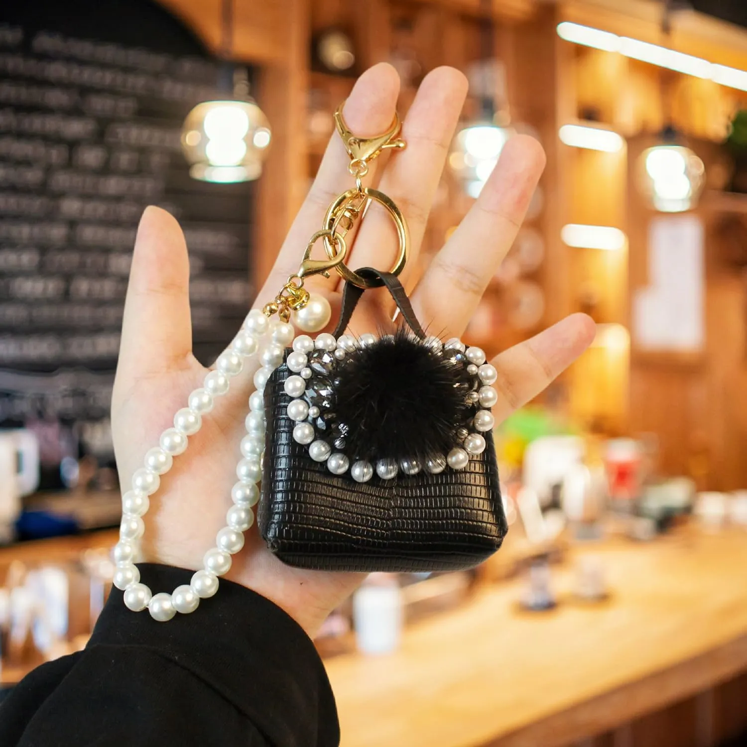 Mini PU Leather Purse Keychain with Pearls Wristlet Decorative Small Earphone Case Coin Bag Keyring Pouch Pendant Key Ring