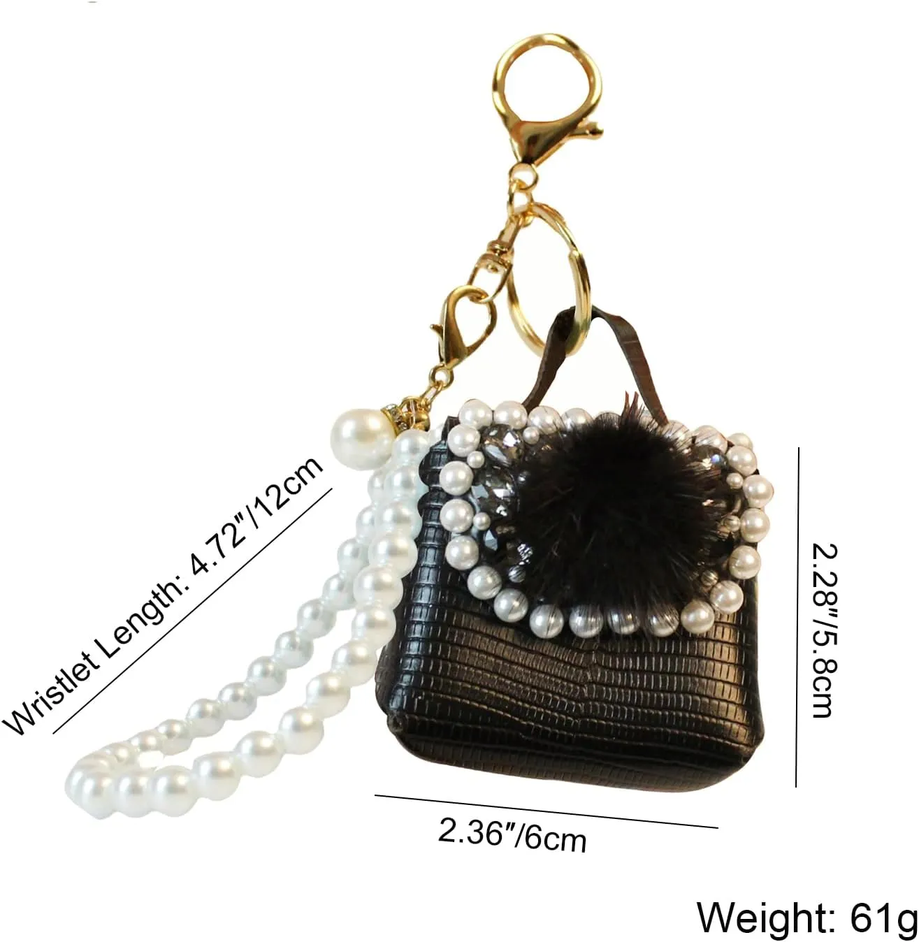 Mini PU Leather Purse Keychain with Pearls Wristlet Decorative Small Earphone Case Coin Bag Keyring Pouch Pendant Key Ring