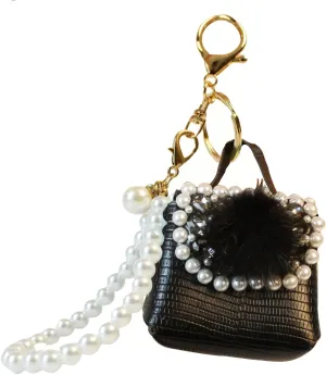 Mini PU Leather Purse Keychain with Pearls Wristlet Decorative Small Earphone Case Coin Bag Keyring Pouch Pendant Key Ring