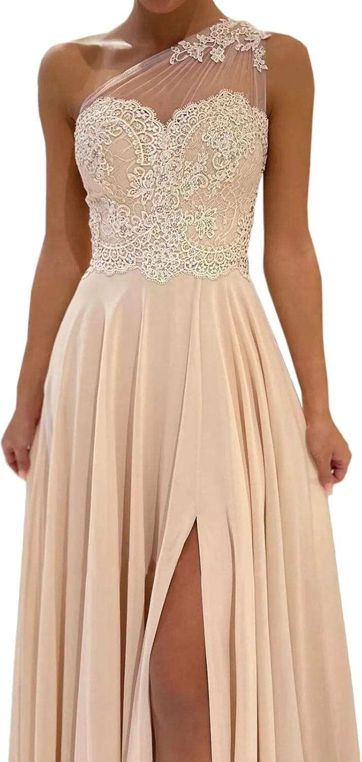 MllesReve One Shoulder Prom Dresses Lace Beaded Chiffon Side Slit Women Formal