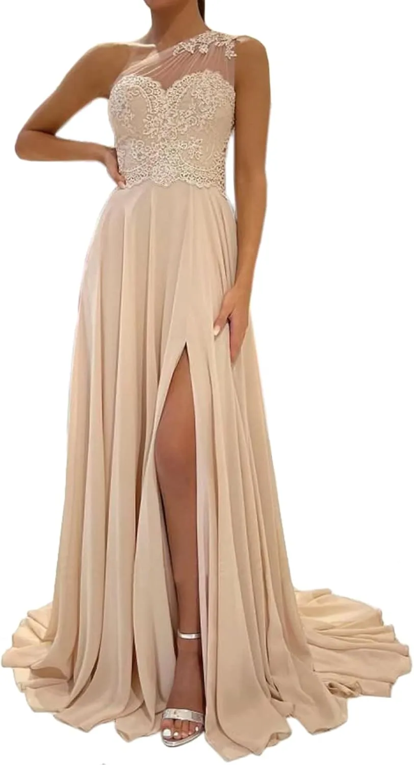 MllesReve One Shoulder Prom Dresses Lace Beaded Chiffon Side Slit Women Formal