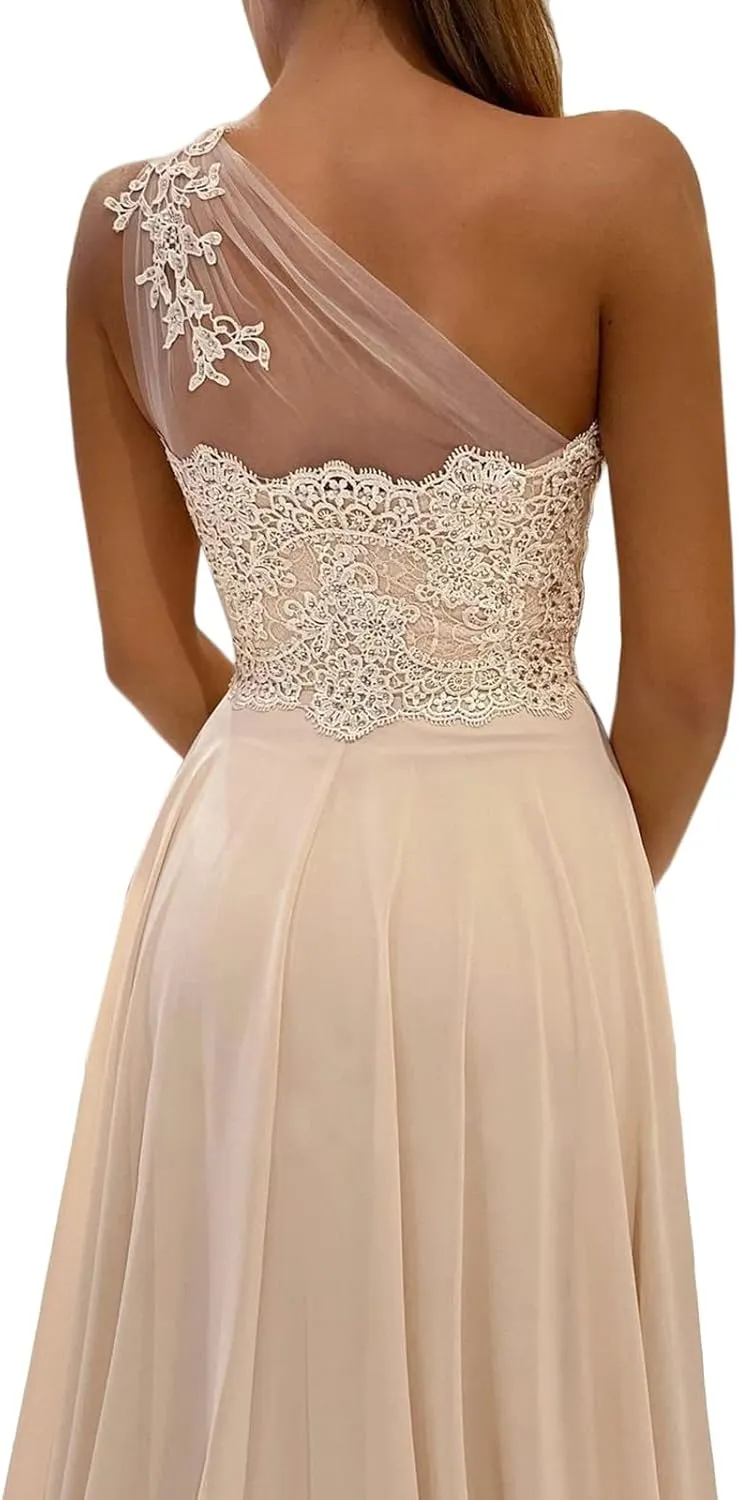 MllesReve One Shoulder Prom Dresses Lace Beaded Chiffon Side Slit Women Formal