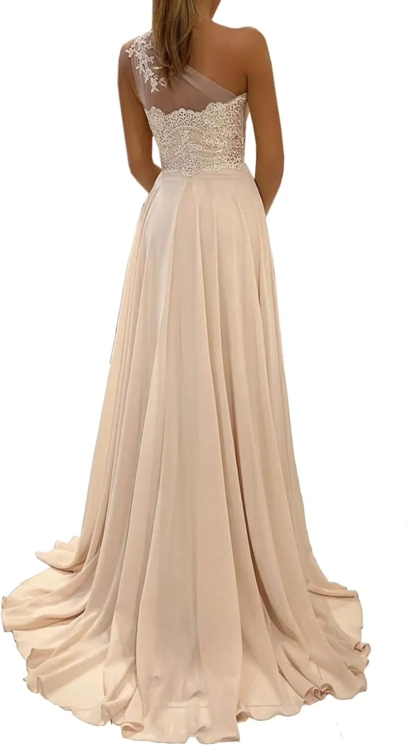 MllesReve One Shoulder Prom Dresses Lace Beaded Chiffon Side Slit Women Formal