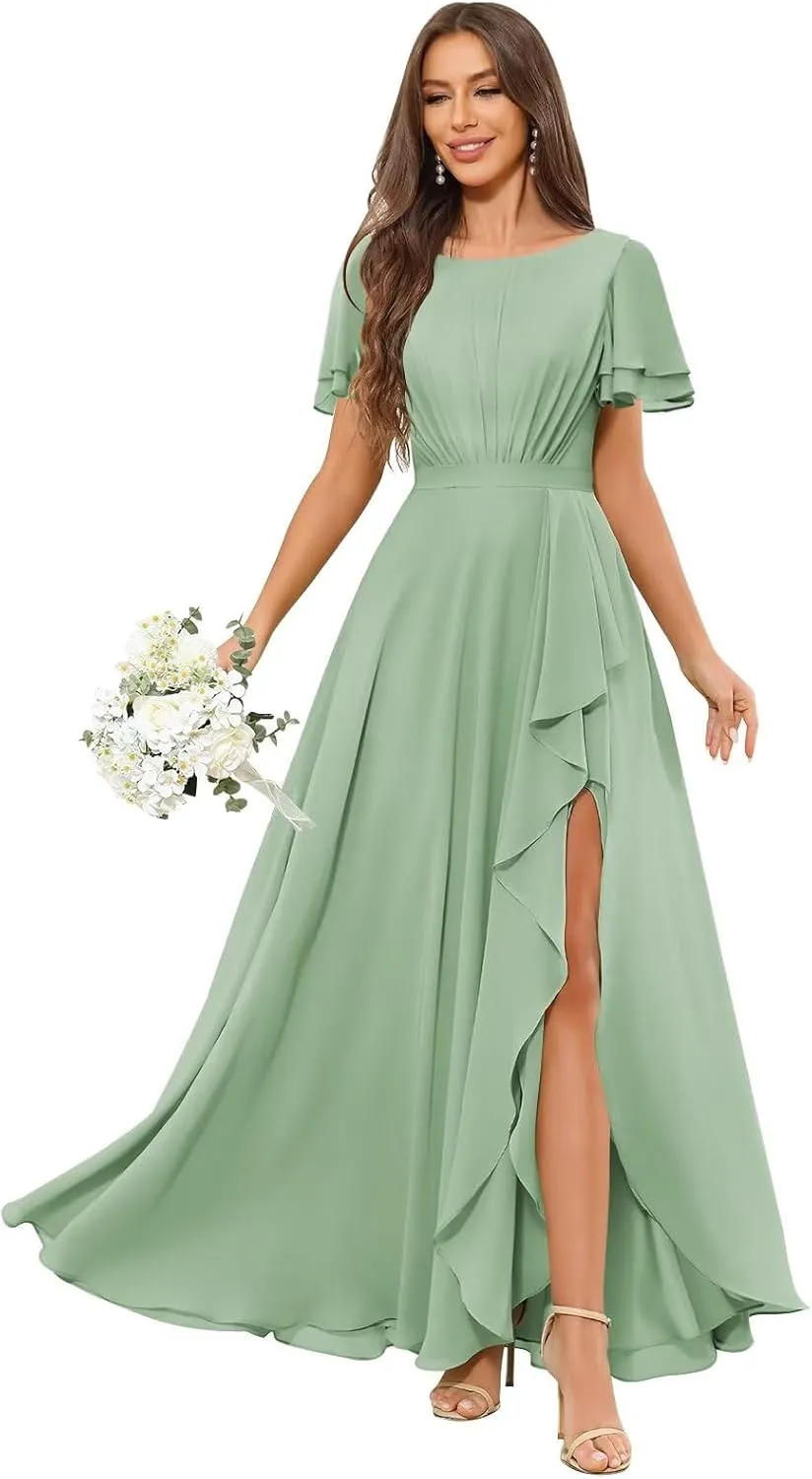 Modest Chiffon Bridesmaid Dresses for Women Ruffle Short Sleeves Long Formal Dress with Slit