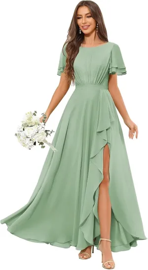 Modest Chiffon Bridesmaid Dresses for Women Ruffle Short Sleeves Long Formal Dress with Slit