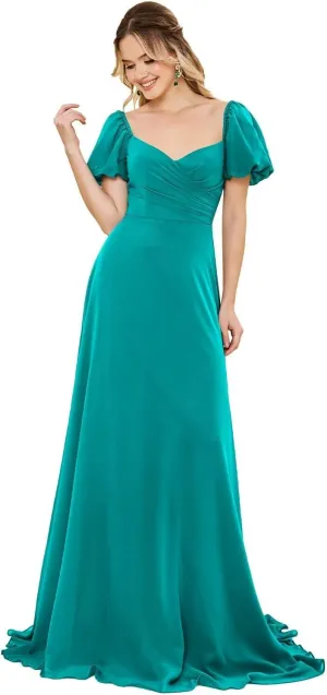 Monlity Chiffon Bridesmaid Dresses with Short Sleeves Long V Neck Prom Dress Puffy A Line Formal Evening Gowns for Women