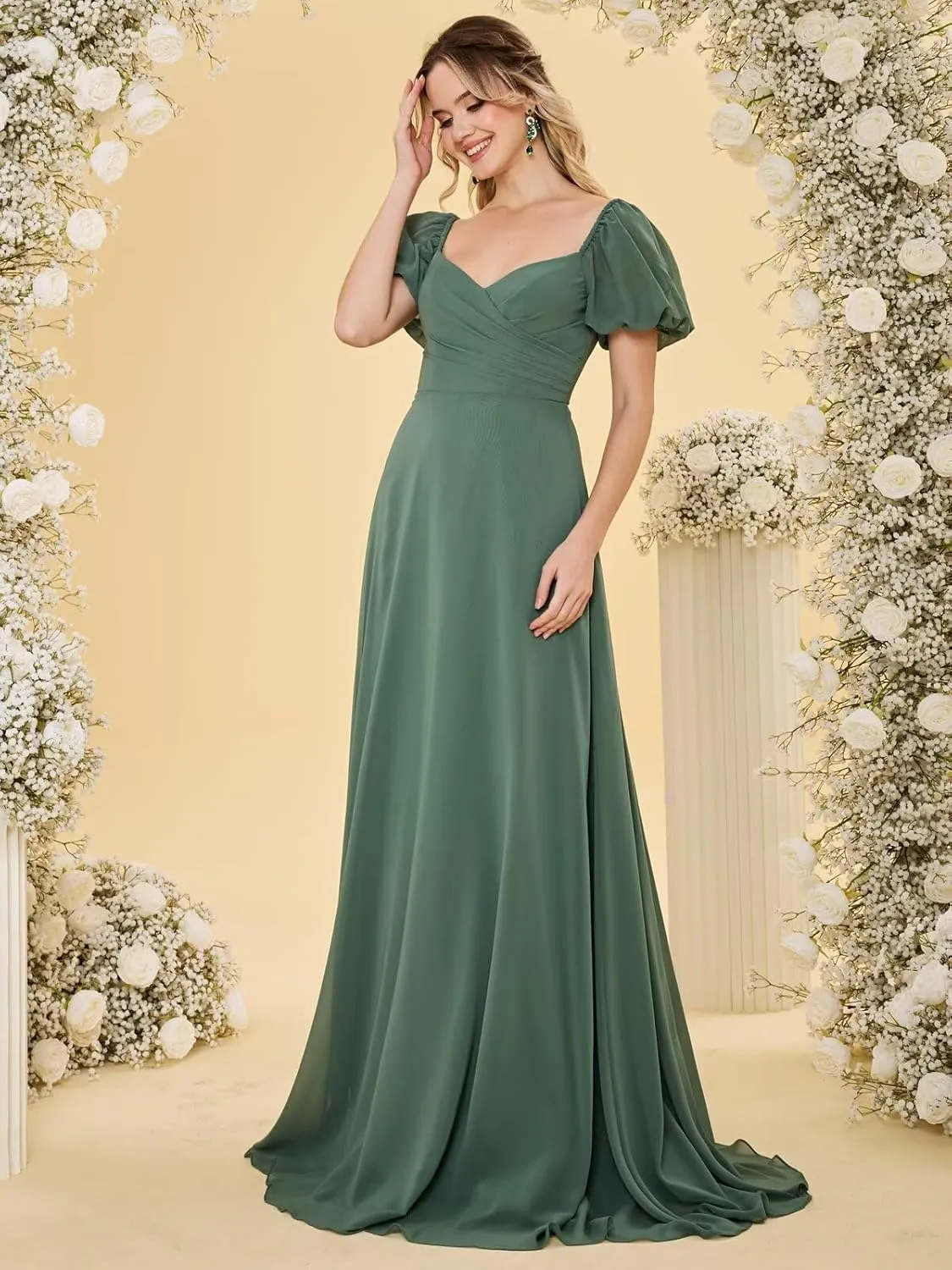 Monlity Chiffon Bridesmaid Dresses with Short Sleeves Long V Neck Prom Dress Puffy A Line Formal Evening Gowns for Women