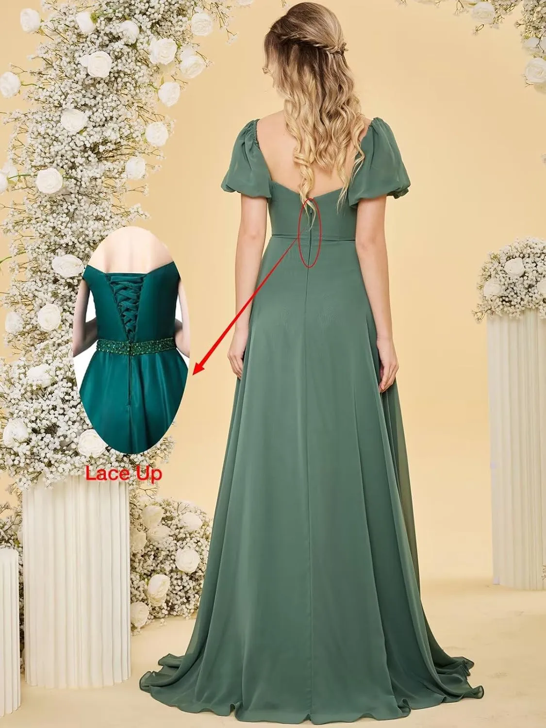 Monlity Chiffon Bridesmaid Dresses with Short Sleeves Long V Neck Prom Dress Puffy A Line Formal Evening Gowns for Women