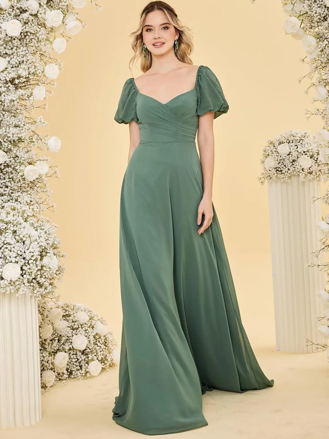 Monlity Chiffon Bridesmaid Dresses with Short Sleeves Long V Neck Prom Dress Puffy A Line Formal Evening Gowns for Women