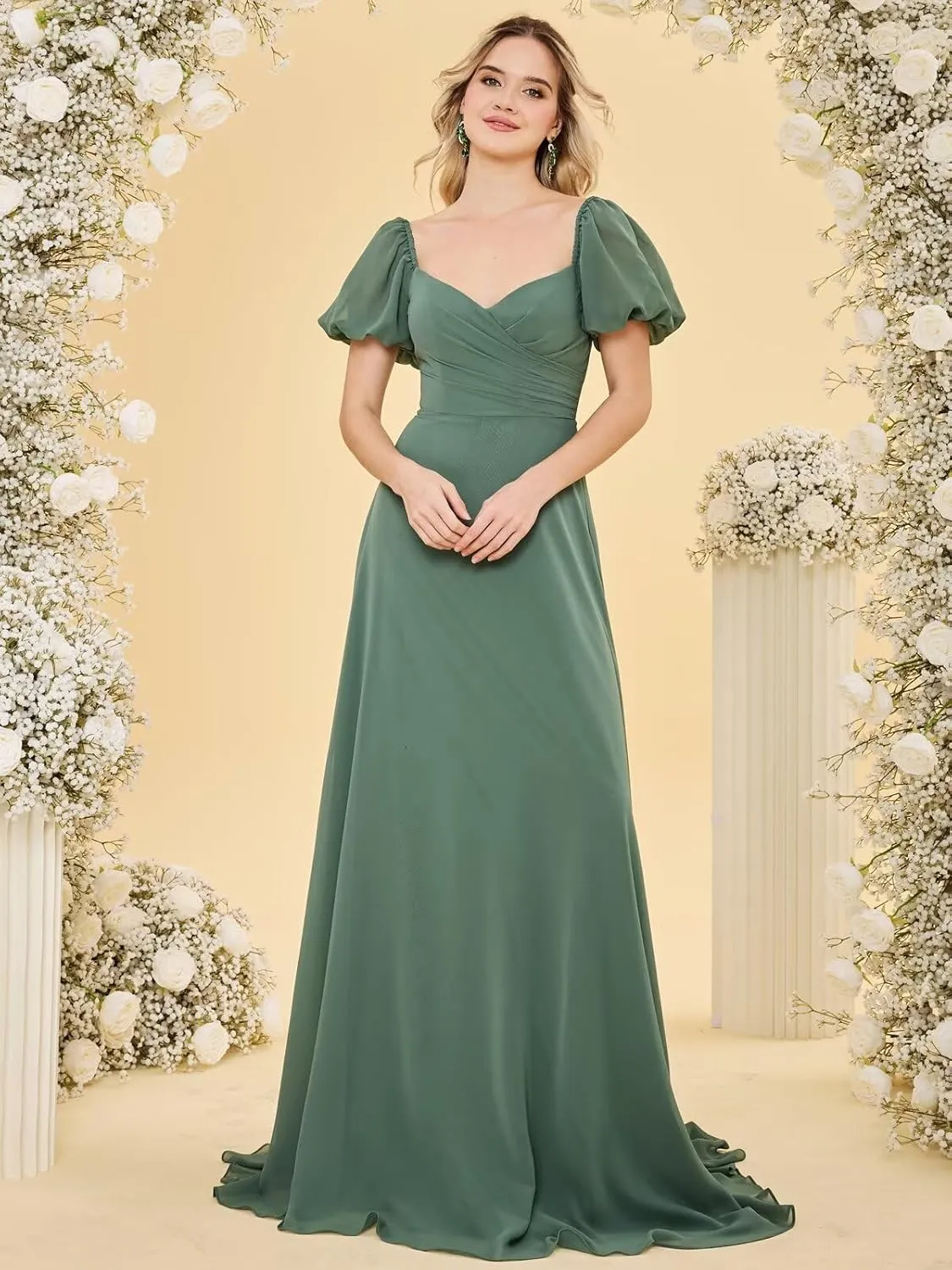 Monlity Chiffon Bridesmaid Dresses with Short Sleeves Long V Neck Prom Dress Puffy A Line Formal Evening Gowns for Women