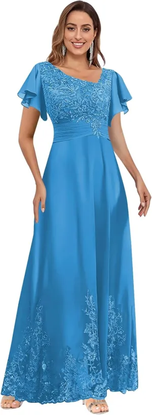 Mother of The Bride Dresses for Wedding with Ruffle Sleeves Lace Chiffon V Neck Formal Evening Gown