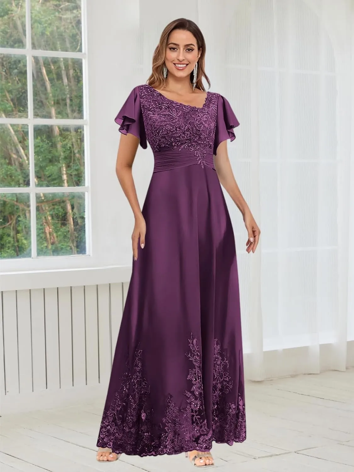 Mother of The Bride Dresses for Wedding with Ruffle Sleeves Lace Chiffon V Neck Formal Evening Gown