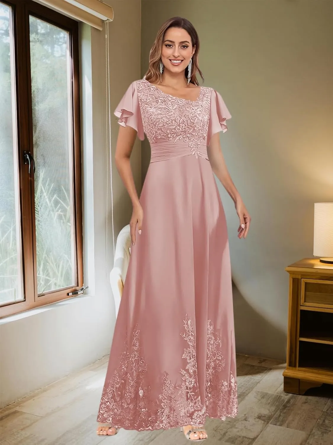 Mother of The Bride Dresses for Wedding with Ruffle Sleeves Lace Chiffon V Neck Formal Evening Gown