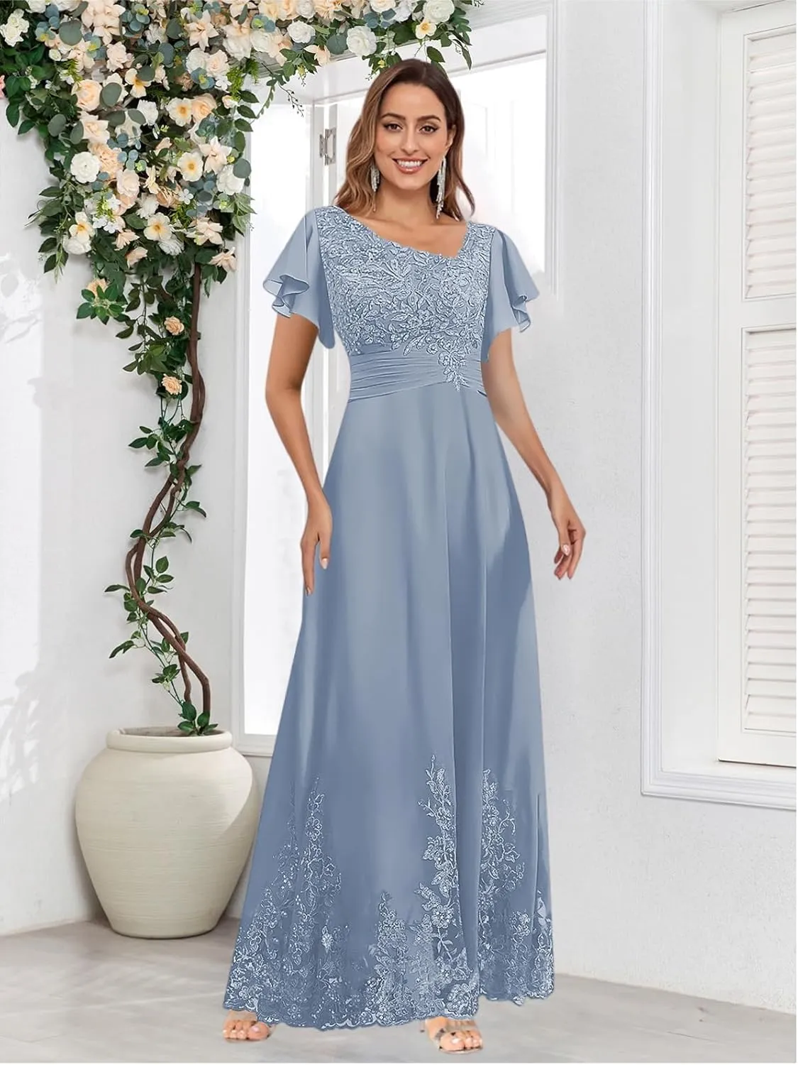 Mother of The Bride Dresses for Wedding with Ruffle Sleeves Lace Chiffon V Neck Formal Evening Gown
