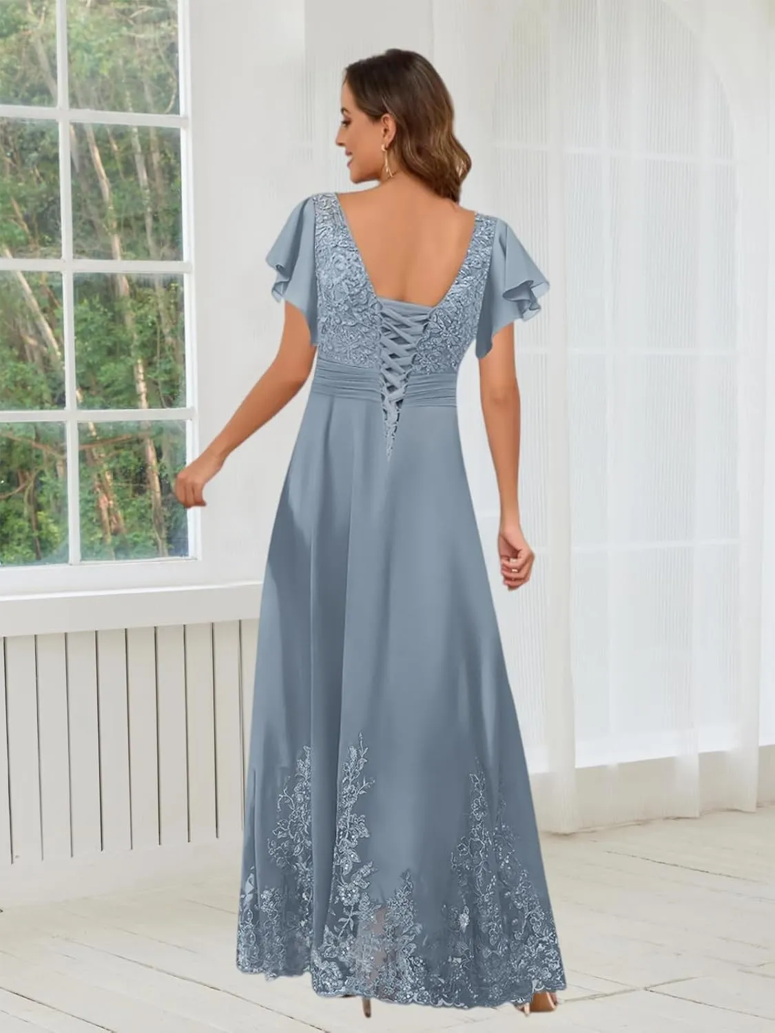 Mother of The Bride Dresses for Wedding with Ruffle Sleeves Lace Chiffon V Neck Formal Evening Gown