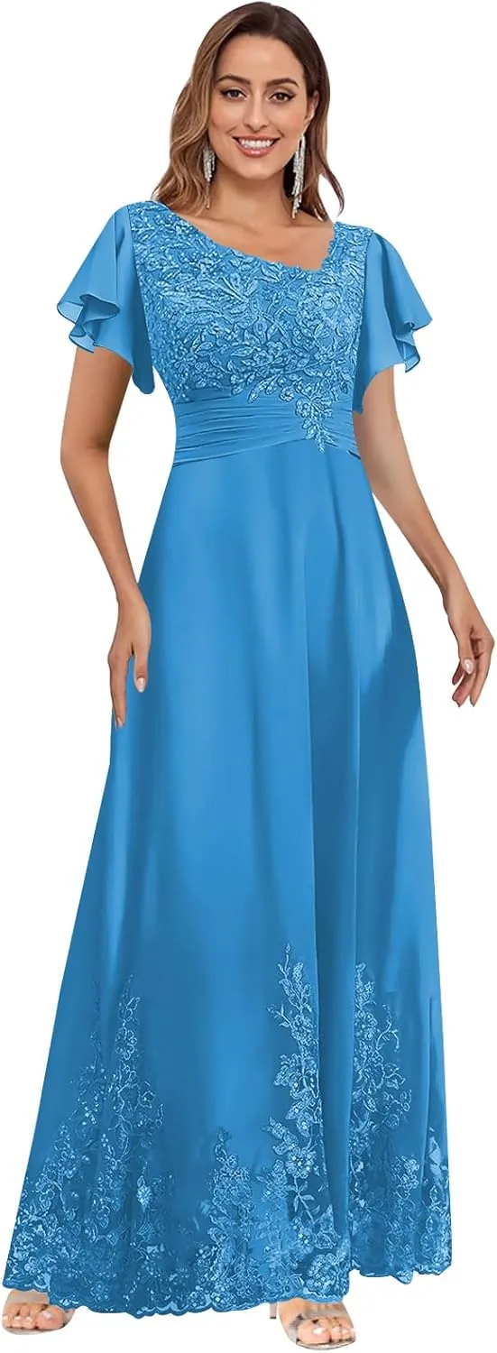 Mother of The Bride Dresses for Wedding with Ruffle Sleeves Lace Chiffon V Neck Formal Evening Gown