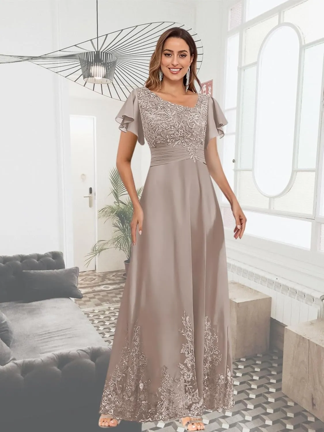 Mother of The Bride Dresses for Wedding with Ruffle Sleeves Lace Chiffon V Neck Formal Evening Gown