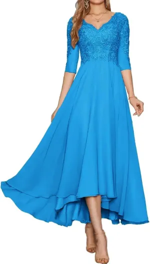 Mother of The Bride Dresses Lace Appliques 3/4 Sleeves Tea Length Chiffon Formal Wedding Party Gown