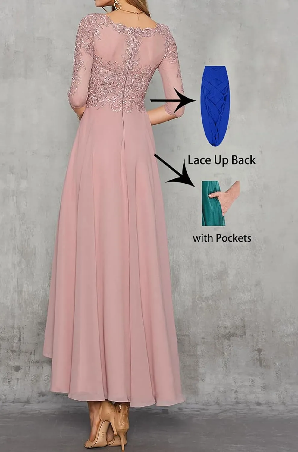 Mother of The Bride Dresses Lace Appliques 3/4 Sleeves Tea Length Chiffon Formal Wedding Party Gown