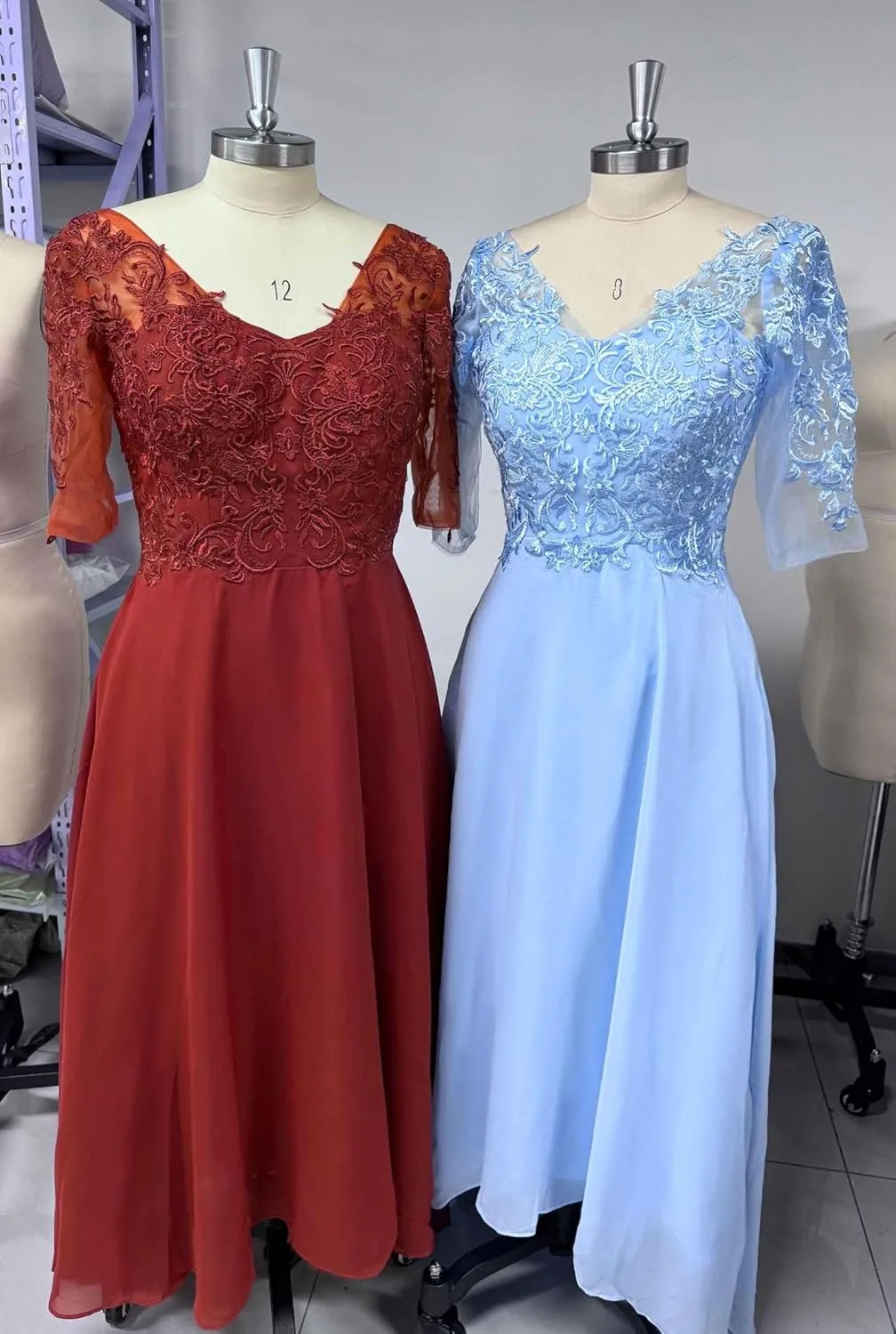 Mother of The Bride Dresses Lace Appliques 3/4 Sleeves Tea Length Chiffon Formal Wedding Party Gown