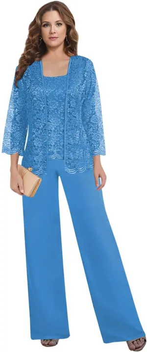Mother of The Bride Pant Suits for Wedding Square Neck lace Chiffon 3-Piece Wedding Guest Outfit for Women