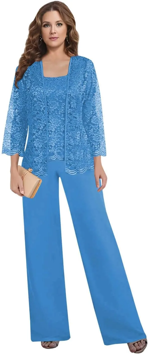Mother of The Bride Pant Suits for Wedding Square Neck lace Chiffon 3-Piece Wedding Guest Outfit for Women