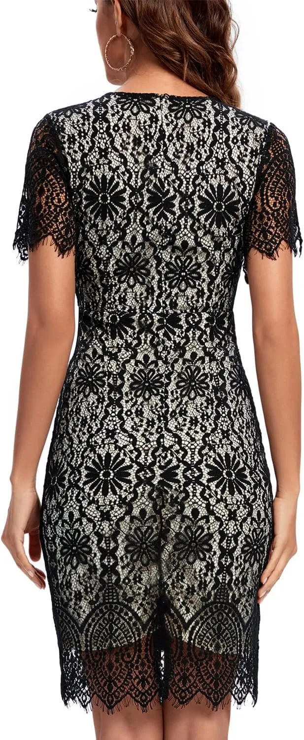 MSLG Women's Elegant Floral Lace Round Neck Short Sleeves Cocktail Party Bodycon Knee Length Dress 931